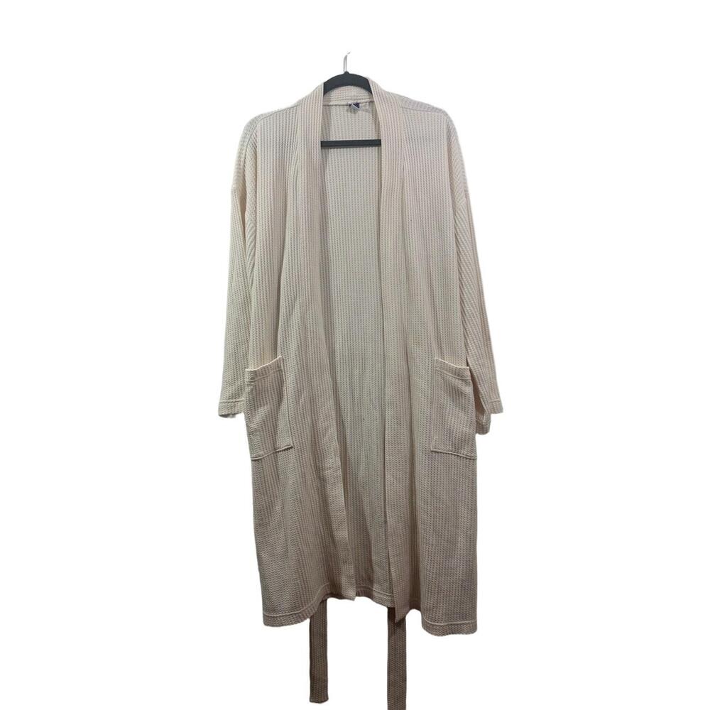 Old Navy Robe Unisex Size Medium Beige WAFFLE Knit Front Pockets Belted Closure